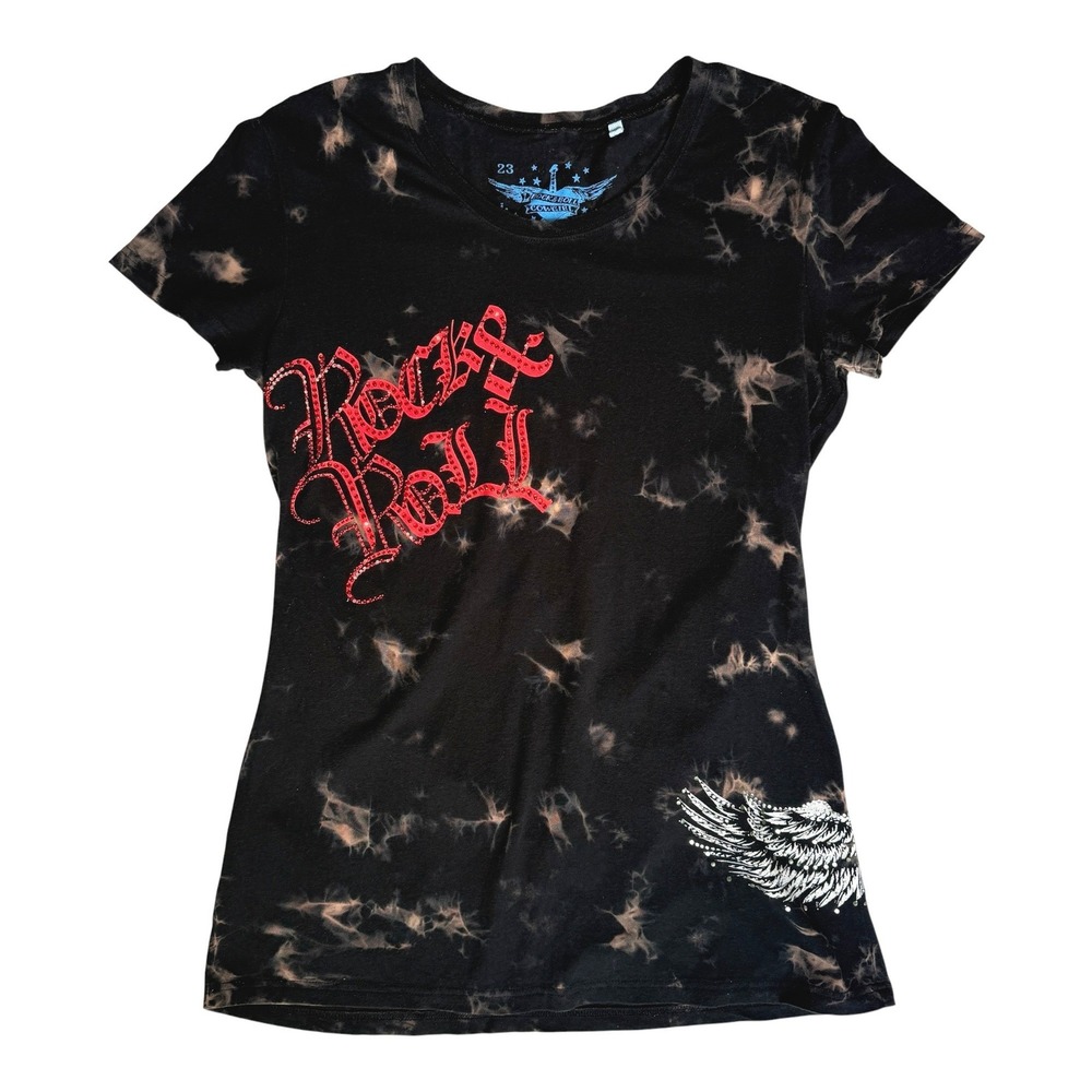 Rock & Roll Cowgirl T-Shirt Women Large Black Rhinestone Wing Graphic Edgy Rodeo